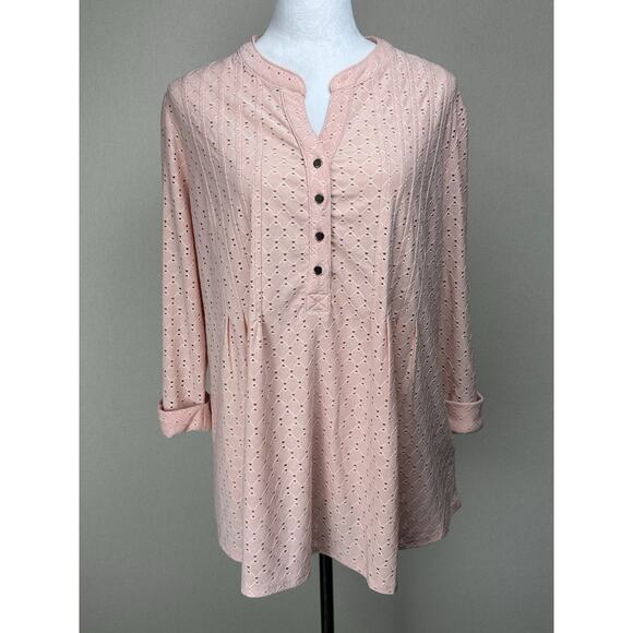Women's Roz & Ali Top 1X Peach Eyelet Pullover 3/4 Sleeve Stretch Baby Doll - Picture 1 of 11
